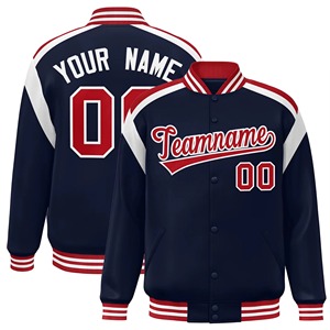Custom Varsity <b>Jacket</b> <b>Men</b> <b>White</b> Red Letter Print Turn-down Collar Polyester Preppy Style Autumn Regular Fit - Product Image 4