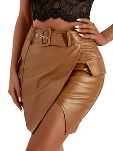 New Style Women Sexy <b>Brown</b> Genuine Leather Breathable Mini <b>Pencil</b> <b>Skirt</b> Ripped Regular Waistline Casual Club Wear Solid Color - Product Image 5