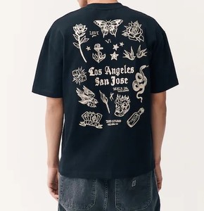 Camiseta Negra de Manga Corta para Hombre, Cuello Redondo, Corte Regular, Logotipo con Impresión Digital en la Parte Delantera, Informal, de Algodón Tejido Transpirable, 320g OEM - Product Image 2