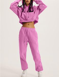 Conjunto de chándal de 2 piezas para mujer, sudadera corta con capucha y pantalones deportivos, color sólido, corte holgado informal, para todas las estaciones - Product Image 5