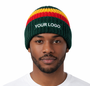 Bonnet tricoté côtelé rayé multicolore personnalisé de haute qualité, style Reggae, avec revers, pour l'hiver - Product Image 1