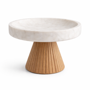 Base para Pastel de Mármol Blanco con Pedestal de Madera Natural, Plato Elevado Redondo para Servir, para Mesa de Comedor de Lujo y Decoración del Hogar - Product Image 2