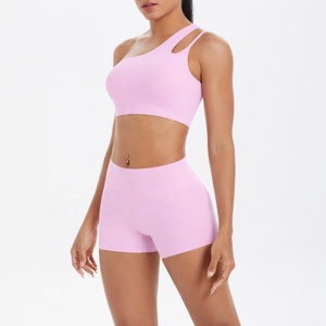 Pink one-shoulder yoga set Seamless crop top shorts High waist yoga shorts Asymmetric activewear set - Product Image 3