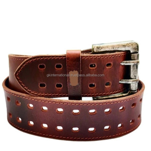 Ceinture décontractée en cuir marron au design personnalisé pour hommes avec coutures durables et solides et boucle antique à double broche robuste - Product Image 6
