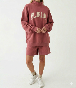 Women Cozy Mockneck Lounge <b>Set</b> With Matching Shorts Oversized Casual Outfit For Trendy Everyday Comfort - Product Image 1