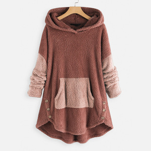 Sweat-shirt polaire oversize à capuche pour femme, manches longues, épaules tombantes, color block, poche asymétrique, vêtement d'hiver - Product Image 5