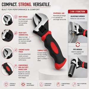 Clé à molette robuste réglable en acier au carbone chromé, à mâchoires réversibles, compacte, avec poignée antidérapante, pour réparations - Product Image 3