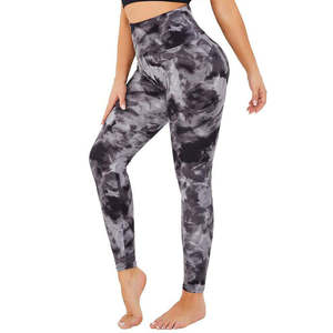 Custom <b>High</b> <b>Waist</b> Tie Dye <b>Leggings</b> Full Length Knitted Stretchy Sporty Women's Activewear Gray <b>Black</b> Pattern All Seasons - Product Image 1