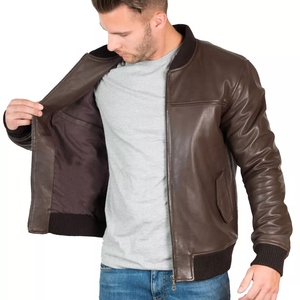 Unisex <b>Brown</b> Sheep Skin <b>Leather</b> Bomber <b>Jacket</b> Stand Zipper Closure Regular Fit Winter Wear Canvas Front Anti-Bacterial Windproof - Product Image 6