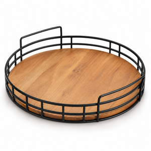 Plateau de service rond en bois naturel |   Plateau de service et de présentation rustique pour table à manger avec poignées intégrées en métal, organisateur de décoration intérieure - Product Image 1