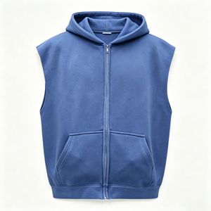 Gilet sans manches à capuche zippé pour homme, bleu uni, en molleton bouclette, coupe oversize, style décontracté, avec poches - Product Image 6