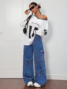 Jean en denim taille haute pour femme, bleu foncé moyen, coupe large, décontracté, avec bretelles à nœud, style cargo streetwear - Product Image 2