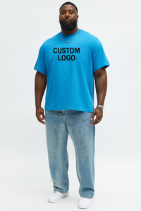 T-shirt en coton bleu surdimensionné pour homme avec logo personnalisé, manches courtes, col rond, coupe décontractée - Product Image 2