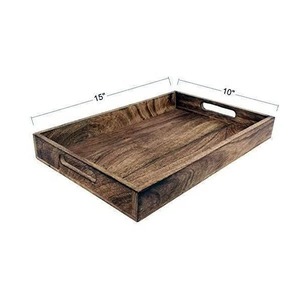 Plateau de service rond en bois avec poignées métalliques, couleur unie, design rétro, durable, fait main, plat de présentation en bois - Product Image 3