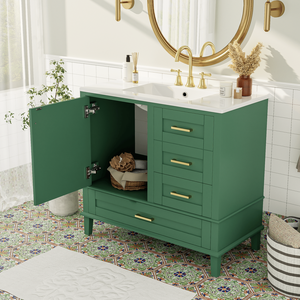 Mueble de Baño Moderno de 36 Pulgadas, Color Verde, con Estructura de Pino Sólido, 1 Puerta con Cierre Suave y 3 Cajones, Serie W - Product Image 4