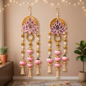 Pink Lotus Wall Hanging With Gold Beads And Tassels For Diwali Indoor Decor - Product Image 5