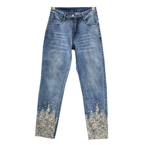 Glory New 2025 Pantalones de mezclilla rectos ajustados elásticos para mujer con cuentas, cintura alta, lentejuelas, encaje y diseño floral calado - Product Image 1