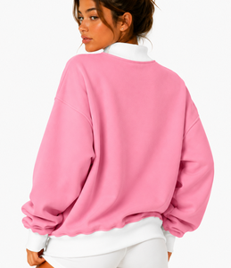 Pink <b>White</b> Mock Neck <b>Sweatshirt</b> with Large <b>White</b> Arched Front Lettering Long Sleeves Contrast Cuff Hem Trim Custom Logo Clothing - Product Image 3