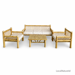 Ensemble de meubles de jardin modernes en bambou massif artisanal 4 pièces / Ensemble de canapé lounge 3 places de luxe robuste de style tropical avec coussins - Product Image 1
