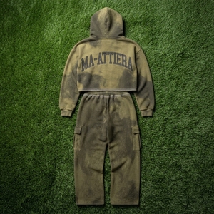 Custom Women Olive Green Acid Wash <b>Cropped</b> Hoodie Cargo <b>Jogger</b> Set Cotton Fleece Streetwear Tracksuit OEM Wholesale - Product Image 6