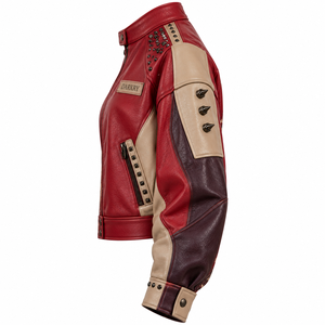 Chaqueta de cuero bomber roja con gráficos para mujer, estilo motociclista, con tachuelas, punk rock, resistente, ropa exterior, OEM, pedido personalizado de fábrica - Product Image 4