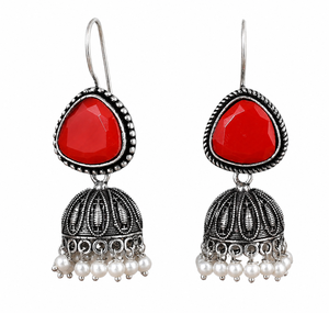 Verified Manufacturer Oxidized Silver Statement <b>Red</b> Blue Stone <b>Earrings</b> | Ethnic Women Jhumka Gift for Her - Product Image 4