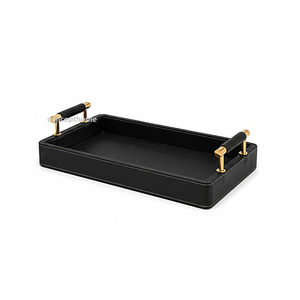 Plateau de service rectangulaire noir laqué avec poignées géométriques dorées, élégant pour usage résidentiel - Product Image 3