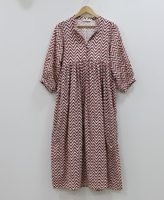 Robe Tunique Midi Bohème Faite Main, Teinte par Nouage, Imprimée au Bloc, Florale, 100% Coton Respirant, Simple, Coupe A-Line, Col en V, Manches Bouffantes |