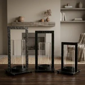 Rectangular Metal <b>Lantern</b> <b>Set</b> With Glass Panels Durable Home Decoration - Product Image 2