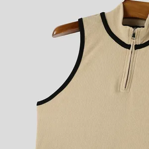 Débardeur sans manches en tricot côtelé beige pour homme avec col rond et fermeture éclair, décontracté, respirant, en polyester - Product Image 5