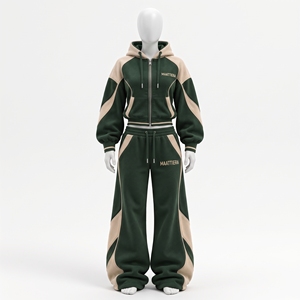 Conjunto de chándal color verde crema para mujer, con sudadera corta con cremallera y pantalones anchos, ropa urbana personalizada al por mayor - Product Image 3