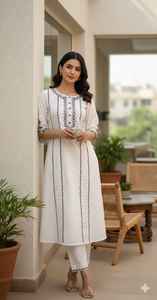 Conjunto de Kurta Larga y Pantalón Acampanado para Mujer, de Lona, 3 Piezas, Liso, Teñido, Midi, Elegante, Festivo, Ropa Étnica India y Pakistaní - Product Image 4