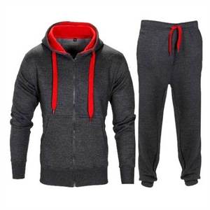 mens light grey red drawstring tracksuit full zip <b>hooded</b> <b>jacket</b> and cuffed jogger pants set casual <b>fleece</b> activewear winter - Product Image 5