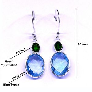 Boucles d'oreilles pendantes classiques pour femmes, plaquées argent, avec topaze bleue et pierres précieuses vertes serties en clos, bijoux de soirée - Product Image 2