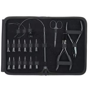 Kit d'outils pour extensions capillaires noires de coiffeur avec pinces à déboucher et à sertir les perles, anneaux de séparation capillaire et aiguilles courbées pour la pose - Product Image 1
