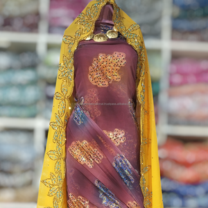 Somalian Fransawi Jacquard Beaded Dress With Floral Design and Golden Stones by Indian Supplier for Weddings and Special Events - Product Image 1