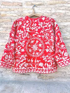 Luxury Boho Velvet Floral Embroidery Red Suzani <b>Jacket</b> <b>Women</b> Stand Collar Ethnic Style Handmade <b>Spring</b> Wear - Product Image 2