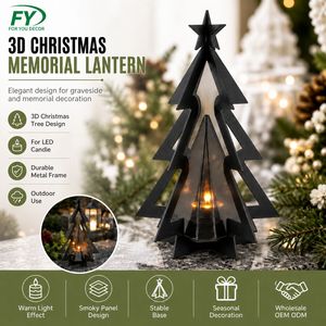 Lanterne de cimetière 3D en gros en forme de sapin de Noël avec cadre en métal noir et bougie chauffe-plat LED pour programmes de commémoration des tombes en détail - Product Image 1