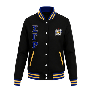 เสื้อแจ็คเก็ตเลตเตอร์แมนสีดำและสีน้ำเงินรอยัล แต่งขอบยางยืดลายทาง กระดุมแป๊ก ปักตราสัญลักษณ์ ชุดทีมสั่งทำพิเศษ - Product Image 1