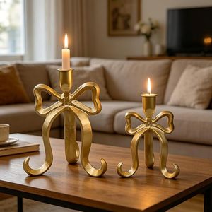 Gold Bow Taper Candle Holders Set of 2 Vintage <b>Cast</b> Iron Heavy Duty Candlestick Holders For Christmas Decoration - Product Image 1