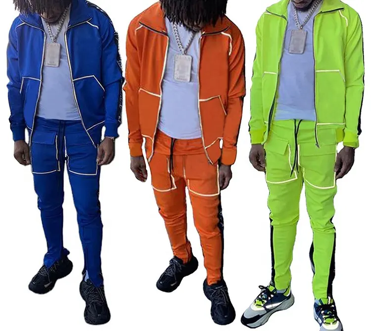 Custom logo Stripe Sweat suit Joggers 2 Piece Sets Zipper Jogging Suit 3m Reflective Tracksuits For Men Track suits Cargo