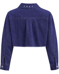 Custom Navy Blue Women Cropped Denim <b>Jacket</b> With <b>Rhinestone</b> Studded Front Button Closure Long Sleeve Fashion Streetwear Top - Product Image 2