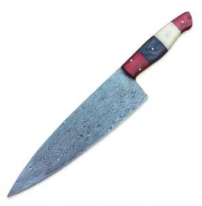 Couteau de chef artisanal OEM en acier Damas Raindrop avec pointe en goutte de pluie, 30,5 cm, manche en bois de Pakka rouge et os blanc - Product Image 4