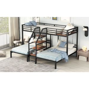 Letto a castello triplo in metallo nero con ripiani contenitore e scala - Product Image 5