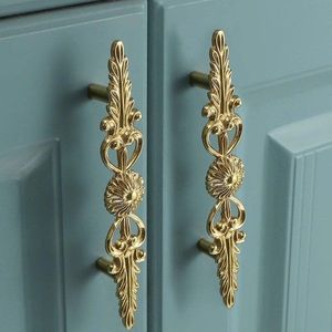 Luxury Solid Brass Floral Cabinet Handle Antique Gold Wardrobe Door Pull Decorative Furniture Hardware for Home Hotel Interiors - Product Image 3