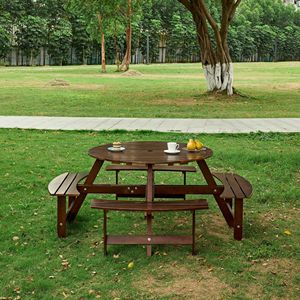 Outdoor 6-Person <b>Round</b> Picnic <b>Table</b> with 3 Built-In Benches Umbrella Hole <b>Garden</b> <b>Table</b> Bench Set for Picnics - Product Image 2