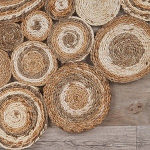 Handcrafted Jute Round Area Rug Bohemian Patchwork Style Flat Weave Living Room Use Spot Clean <b>Thin</b> Pile - Product Image 3