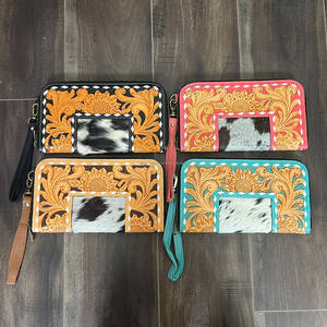 Wholesale Factory Price Tooled Floral Leather Women Clutches High Quality Cowhide Leather <b>Card</b> <b>Holder</b> Long Wallet Travel Purse - Product Image 3