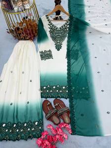 New TENNECY Designer <b>Wedding</b> Party Wear Wrinkle-Free Reversible Georgette Embroidery Thread Work <b>Top</b> Plazzo Dupatta Set Quick - Product Image 4