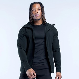 Sudadera con capucha para hombre, negra, con cremallera completa, de manga regular, lisa, cortavientos, ajuste slim, con logo personalizado, al por mayor, de alta demanda - Product Image 2